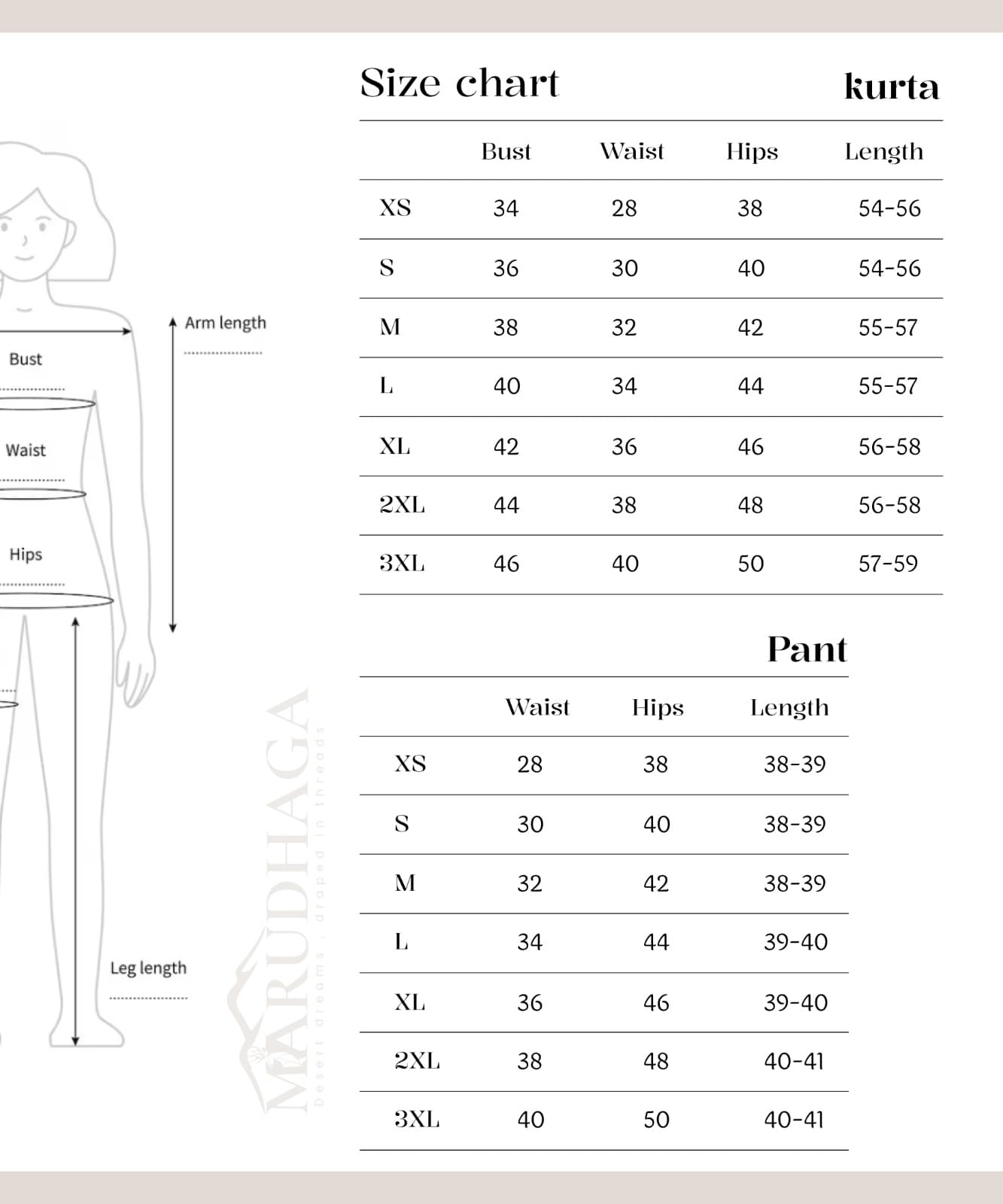 Kurta Pant Size Guide