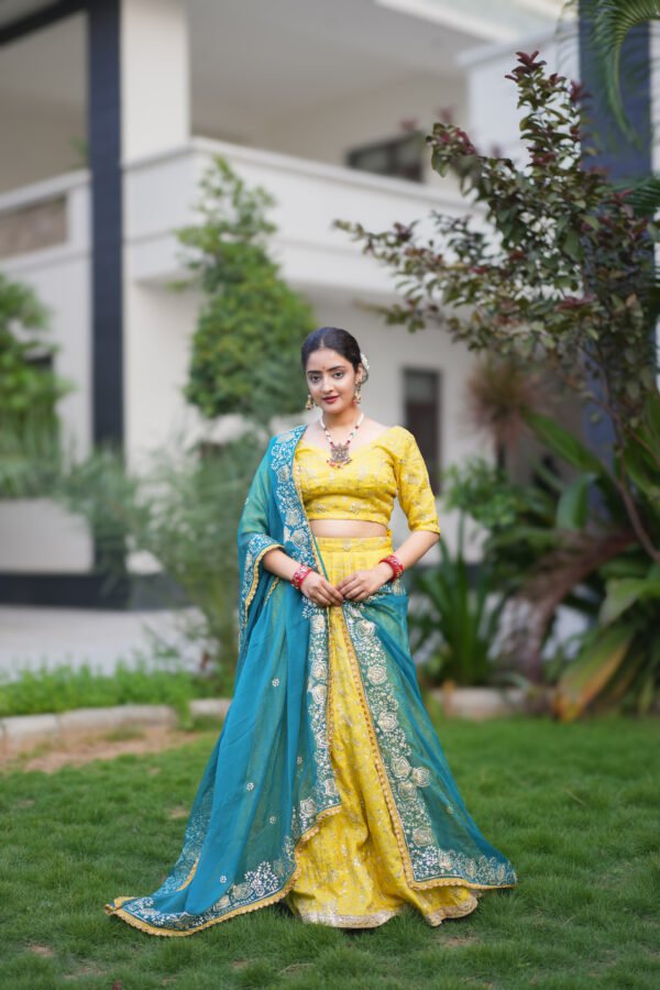 Yellow & Teal Blue Embroidered Lehenga Choli with Dupatta | Elegant Ethnic Wear for Women – Marudhaga