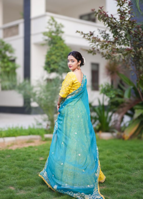 Yellow & Teal Blue Embroidered Lehenga Choli with Dupatta | Elegant Ethnic Wear for Women – Marudhaga
