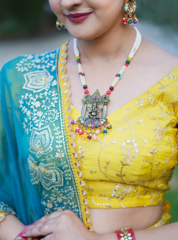 Yellow & Teal Blue Embroidered Lehenga Choli with Dupatta | Elegant Ethnic Wear for Women – Marudhaga
