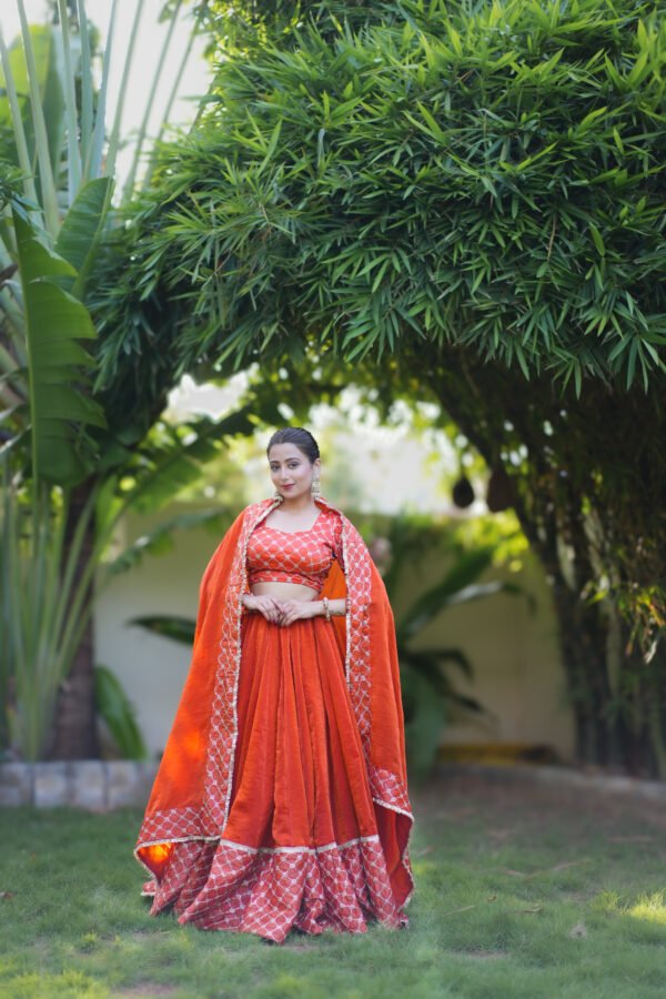 IMG_0148 Rust Orange Lehenga Choli with Geometric Embroidered Dupatta | Designer Ethnic Wear for Women – Marudhaga