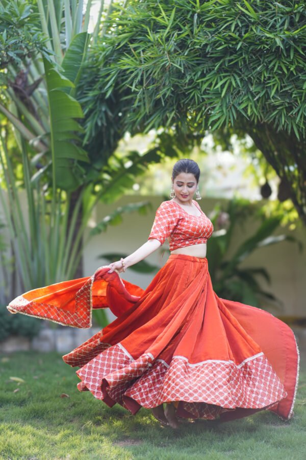 IMG_0149 Rust Orange Lehenga Choli with Geometric Embroidered Dupatta | Designer Ethnic Wear for Women – Marudhaga