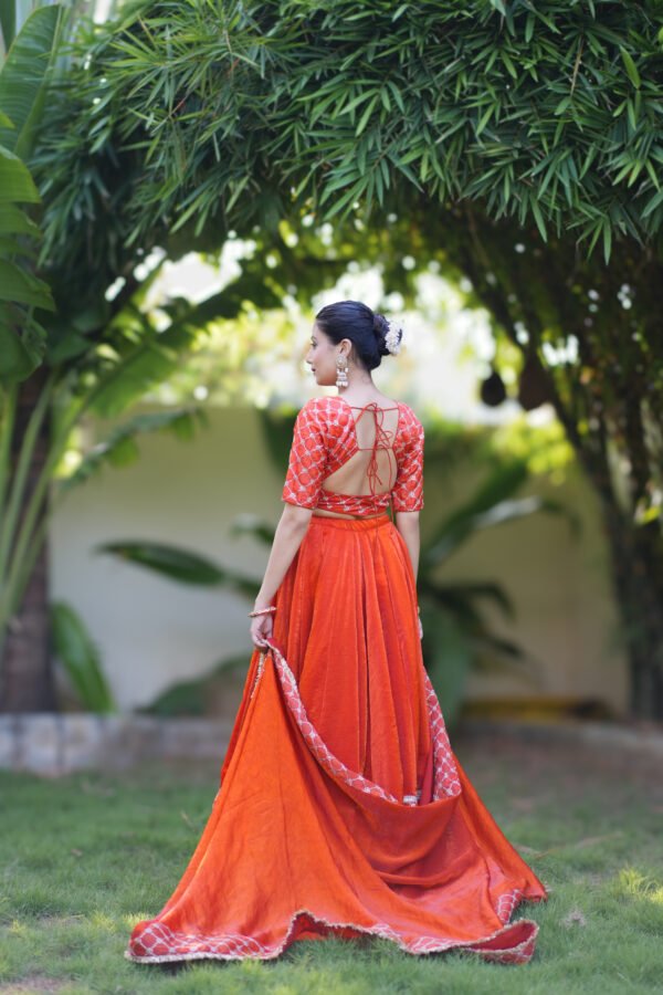 IMG_0150 Rust Orange Lehenga Choli with Geometric Embroidered Dupatta | Designer Ethnic Wear for Women – Marudhaga