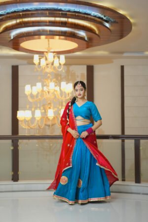 IMG_0153 Peacock Blue Lehenga Choli with Red Embroidered Dupatta | Designer Ethnic Wear for Women – Marudhaga