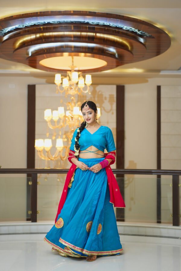IMG_0154 Peacock Blue Lehenga Choli with Red Embroidered Dupatta | Designer Ethnic Wear for Women – Marudhaga