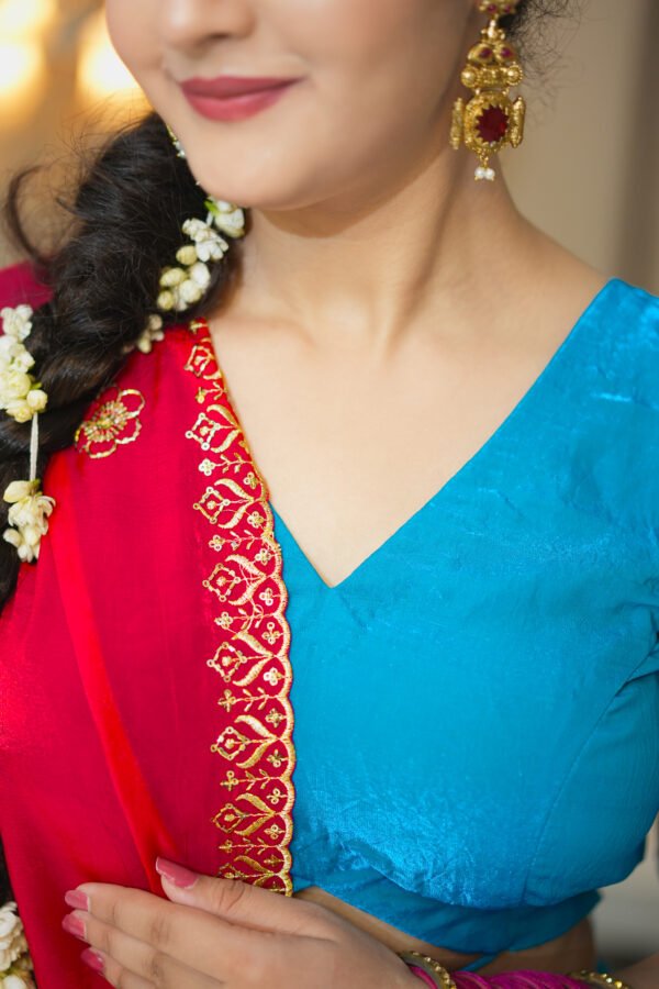 IMG_0156 Peacock Blue Lehenga Choli with Red Embroidered Dupatta | Designer Ethnic Wear for Women – Marudhaga