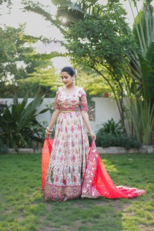 IMG_0158 Off-White Printed Lehenga Choli with Rani Pink Embroidered Dupatta | Designer Bridal Ethnic Wear – Marudhaga