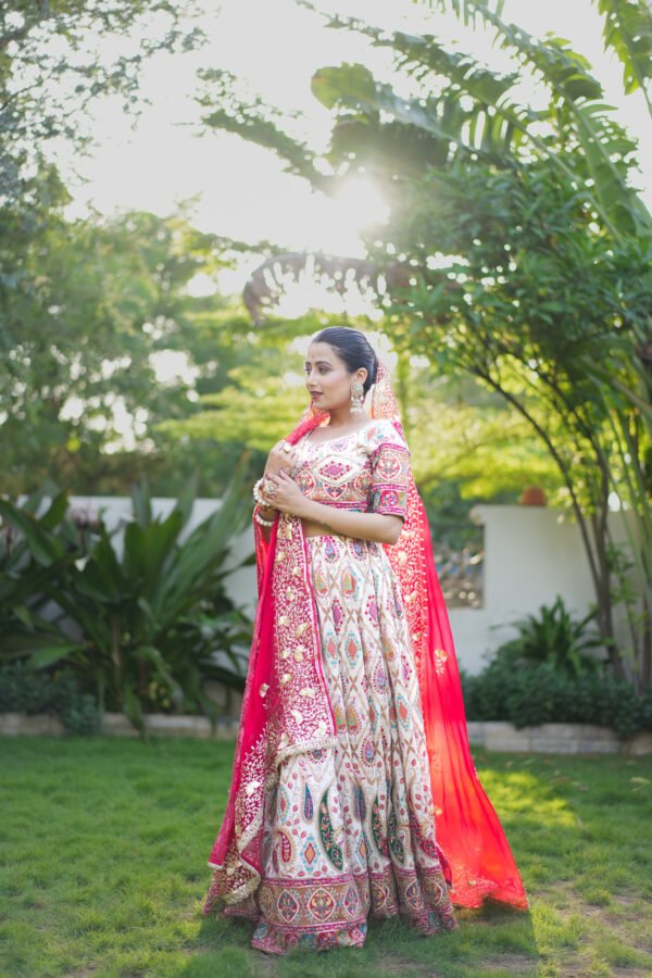 IMG_0159 Off-White Printed Lehenga Choli with Rani Pink Embroidered Dupatta | Designer Bridal Ethnic Wear – Marudhaga