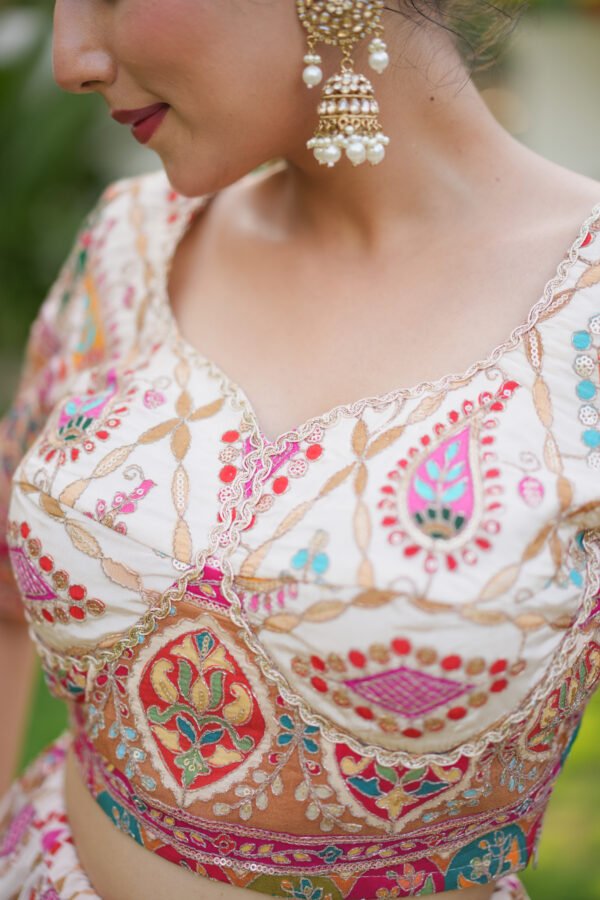 IMG_0161 Off-White Printed Lehenga Choli with Rani Pink Embroidered Dupatta | Designer Bridal Ethnic Wear – Marudhaga